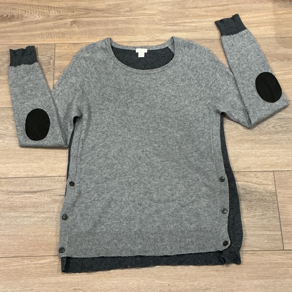 J. Crew Sweater Womens Gray Wool Blend Side
Button Elbow Patch Long Sleeve, M